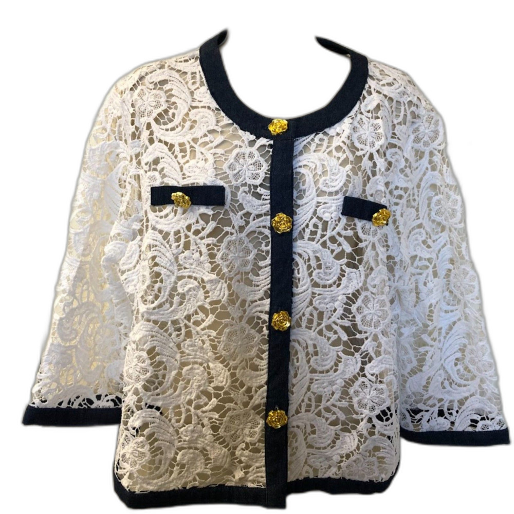 Vintage Jessica London Womens White Lace See Through Cardigan Size 14 Denim Trim